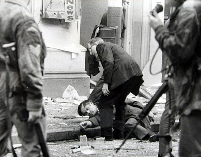 1972 Donegall St. Car Bombing during the Troubles. Photo via wikipedia. 