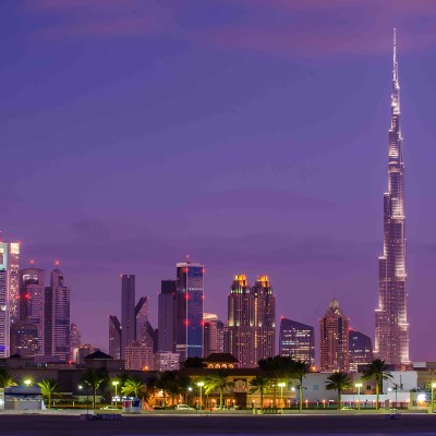Dubai, UAE Skyline with the world's tallest building, the Burj Khalifa.