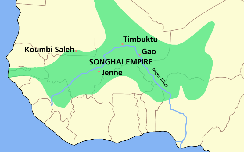 A map of the Songhay Empire under Sonni Ali. 