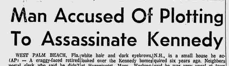 Newspaper Headline for the attempted assassination of President-elect Kennedy in Palm Beach, FL in 1960.